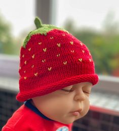 Introducing my delicious Strawberry Hat, carefully hand-knitted in pure fine merino wool. The hat is made with the finest soft and silky merino, a natural fiber that feels soft against the skin and regulates body temperature, making it ideal for babies and children. The colours are very fresh and the perfect transition hat to bring thoughts of summer days 🍓  My lovely customers have been delighted with their hats, please take a look at my reviews - and I am so happy to have been selected by Etsy in their top 7 new shops of 2023 😊 https://www.etsy.com/blog/best-etsy-shops-uk Cute Knitted Fitted Hat, Knitted Beanie Bonnet As Gift, Fitted Knitted Brimmed Bonnet, Hand Knitted Beanie Bonnet As Gift, Yarn Knitting Pattern For Gifts, Handmade Knitting Pattern Yarn Gift, Playful Knitted Bonnet, One Size, Cute Knitted Beanie Bonnet, Playful Knitted Hats For Gift