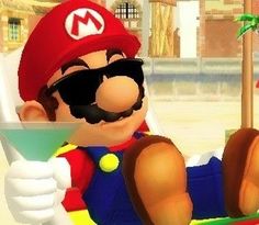 mario kart is sitting on the beach with a drink in his hand and wearing sunglasses