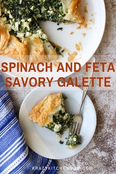 spinach and feta savory galette on a white plate