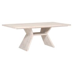 a wooden table with two intersecting legs and a square top, on a white background