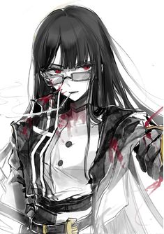 a drawing of a woman with blood on her face and black hair, holding a knife