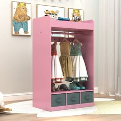 a child's closet with clothes and shoes on it