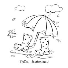 an umbrella and boots with the words hello autumn written on it, in black and white