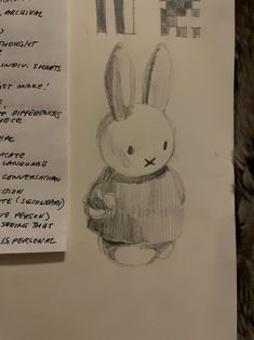 a drawing of a rabbit with words written on it's side and an image of a bunny in the background