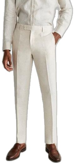 White Flat Front Bottoms For Business Casual, White Shirt Cream Pants Men, White Flat Front Bottoms With Welt Pockets, White Dress Pants With Welt Pockets And Straight Hem, White Semi-formal Straight Pants, Fitted White Flat Front Pants, Semi-formal White Bottoms With Welt Pockets, White Full-length Formal Pants, Semi-formal White Pants With Welt Pockets