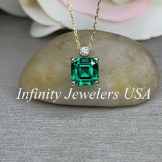 Asscher Cut Necklace / Green Emerald Necklace / Emerald and Diamond Necklace / 1.80ctw / 18" Cable Chain / 14k Yellow Gold / #6338 #EverydayNecklace #LadiesGift #BridalGift #GiftIdeasForHer #GraduationGift #AnniversaryGift #EngagementGift #BirthdayGift #DiamondNecklace #WeddingGift Jewelry Redesign, Emerald And Diamond Necklace, Necklace Emerald, Diamond Pendants Designs, Gold Jewelry Stores, Bridal Earrings Pearl, Diamond Jewelry Designs, Emerald Pendant, Necklace Green