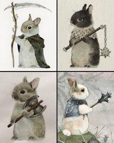 four different pictures of rabbits with umbrellas in their hands and one rabbit holding an umbrella