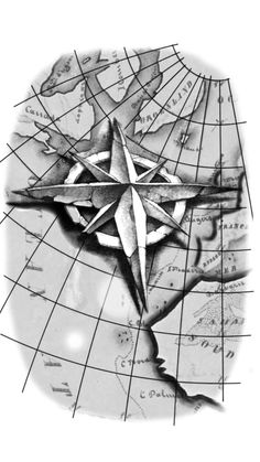 a black and white drawing of a compass on a map with the word's name below it