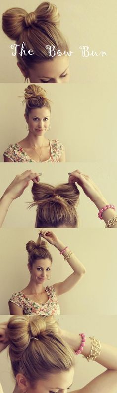 Hair Bow- love this so much, doubt it would work in my hair but love, love, love! Once my hair is long enough @ॐ Sondra Etter ॐ Bell do you think you could attempt this or is my hair too fine? Hair Bow Bun Tutorial, Hair Bow Bun, Bow Bun, Bun Tutorials, Top Bun, High Bun, Short Hairstyle, Hair Dos, Gorgeous Hair