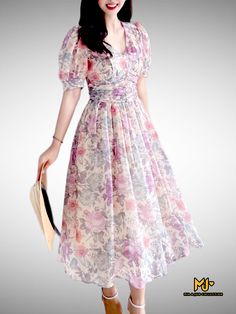 Fabric: silk chiffon, no stretch, cool, sweat-absorbent Care: hand wash cold recommended, no bleach, hang dry SIZE: Small: Bust< 32.7" // Waist< 26.7" Ngực < 83 cm // Eo < 68 cm Medium: Bust Chic Floral Print Knee-length Chiffon Dress, Vintage Mid-length Floral Print Dresses, Chic Midi-length Chiffon Dress With Floral Print, Chiffon Midi-length Mini Dress With Floral Print, Modest V-neck Floral Print Dress, Frock Models, Floral Print Chiffon Dress, Floral Frocks, Simple Kurta Designs