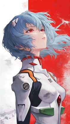 an anime character with blue hair and white skin, standing in front of a red background