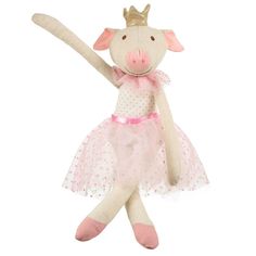 a stuffed animal with a pink dress and crown on it's head, holding a wand