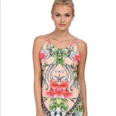 Hale Bob Tank (New) Printed Stretch Tank Top For Spring, Fitted Printed Tank Top For Spring, Stretch Tropical Print Top For Summer, Stretch Tropical Print Summer Tops, Summer Tropical Print Stretch Tops, Summer Stretch Tops With Tropical Print, Fitted Summer Tops With Tropical Print, Spring Fitted Tropical Print Tops, Womens Tops