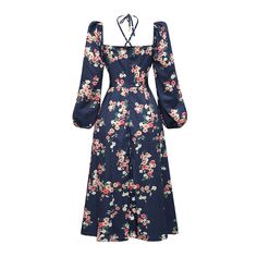 Navy Blue Square Collar Halter Split Floral Dress Blue Square Neck Maxi Dress For Brunch, Navy Long Sleeve Midi Dress For Summer, Navy Long Sleeve Maxi Dress For Spring, Dresses Floral, Blue Square, Floral Dresses, Women Dresses, Floral Dress, Split