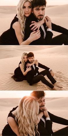 two people sitting in the sand with their arms around each other and one person hugging