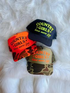 Customizable high crown, foam, mesh/adjustable backing trucker hat detailed with "Country Girls Have More Fun" design in a color of your choice! Hats shown in listing picture: (Top) Navy hat, neon yellow design (Middle) Neon orange camo hat, brown design (Bottom) Light green camo hat, neon orange design One size fits most. Navy Hat, Bottom Light, Camo Hat, Orange Camo, Navy Hats, Yellow Design, Brown Design, Camo Hats, Orange Design