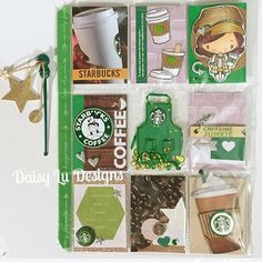 the contents of a starbucks bag are arranged in a collage with coffee, starbursts and other items