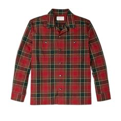 Made with sturdy 7-oz. cotton, our Elk Heights Camp Shirt is ideal for three-season wear. The sturdy flannel fabric is brushed for comfort from the first day. The camp collar is unstructured, sewn directly to the shirt so it lays flat and open. This comfortable design originated in warm climates and is sometimes known as a Cuban collar. Characteristic of camp shirts, the hem is straight for casual untucked wear. Dual knife pleats in the rear shoulder provide ease of motion. Buttons secure the no-flap chest pockets. Button-adjustable cuffs. | Filson Elk Heights Camp Shirt SycGrnRed Size XS Camp Shirts, Knife Pleats, Comfortable Design, Camp Shirt, Flannel Fabric, Camping Shirt, First Day, Chest Pocket, Short Sleeve Shirt