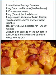 the recipe for potato cheese sausage casserole is shown