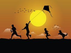 silhouettes of people running with a kite in the sky at sunset or sunrise time