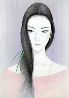 a drawing of a woman with long black hair and green eyes, wearing a pink top