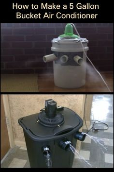 two pictures showing how to make a 5 gallon bucket air conditioner with the words how to make a 5 gallon bucket air conditioner