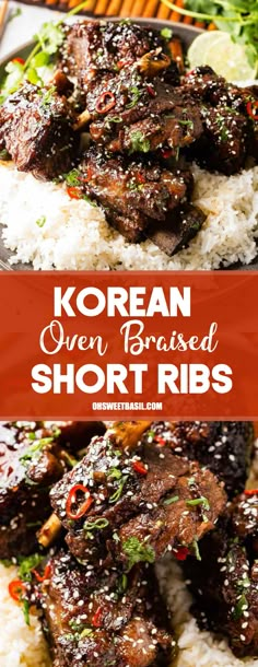 korean oven braised short ribs with rice and garnishes on the side