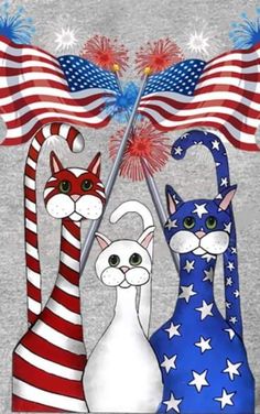 three cats are holding an american flag and two flags in the shape of usa's heads