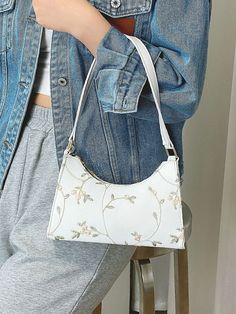 Floral Embroidered Baguette Bag  - Women Shoulder Bags Spring Rectangular Shoulder Bag With Floral Embroidery, White Rectangular Baguette Bag For Spring, Trendy Embroidered Rectangular Shoulder Bag, Embroidered Rectangular Shoulder Bag For Spring, Trendy Embroidered Shoulder Bag For Daily Use, Trendy Embroidered Shoulder Bag, Trendy Embroidered Beige Shoulder Bag, Trendy Embroidered Beige Bag, Spring Embroidered Rectangular Shoulder Bag