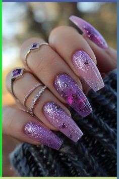 Get them for your best friend, your enemy, or yourself. Just get ’em. Purple Nails With Jewels, Simples Nails, Royal Purple Nails, Birthday Nails Purple, Purple Galaxy Nails, Purple Prom Nails, Fairytale Nails, Ethereal Nails, Shimmery Nails