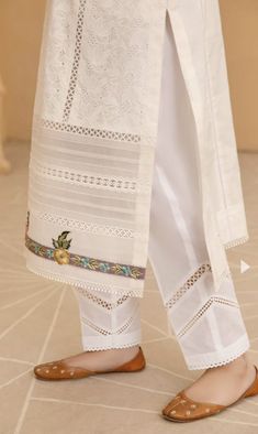 Pakistani Salwar Designs With Lace, Lace Work Suit Design Pakistani, Pakistani Salwar Designs Pattern, Pakistani Pants Design Style, Pakistani Pants Design For Kurti, Pant Designs For Kurti, Daman Designs For Kameez, Plazo Kurti Design