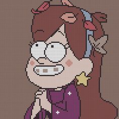 a cross stitch pattern of a girl with glasses and a bow on her head, in purple