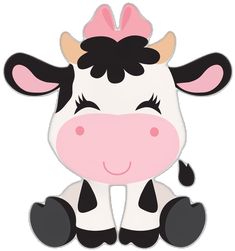 a cartoon cow with a pink bow on its head and black spots around it's eyes