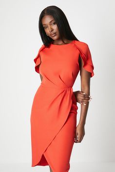 Ruffle Cape Sleeve Wrap Skirt Midi Dress Luxury Midi Wrap Dress With Tie Waist, Luxury Orange Dresses For Garden Party, Luxury Orange Heels For Evening, Luxury Tie Waist Midi Wrap Dress, Luxury Orange Formal Midi Dress, Luxury Orange Elegant Midi Dress, Luxury Orange Formal Sandals, Luxury Orange Heels With Wrapped Heel, Luxury Midi Dress With Tie Back For Garden Party