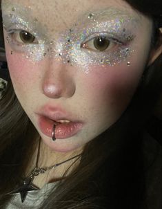 Messy Glitter Makeup Aesthetic, Silver Tears Makeup, Alien Makeup Looks, Weird Makeup Looks, Chunky Glitter Makeup, Cybercore Makeup, Maximalist Makeup, Gemstone Makeup, Whimsical Makeup