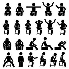 black and white silhouettes of people sitting on chairs, with one person holding his hands up