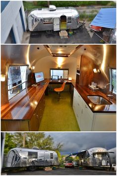 the inside and outside of an rv that has been converted into a home office area