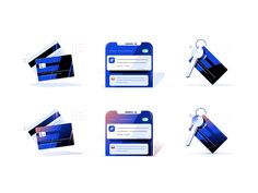 four different types of credit cards with keys attached to the front and back sides, all in blue