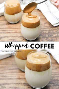 two glasses filled with whipped coffee on top of a wooden table