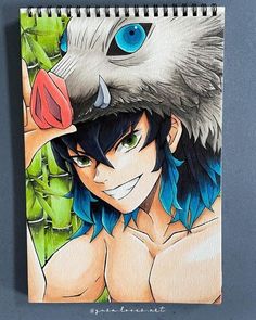 a drawing of an anime character with blue hair and big eyes holding a red rose