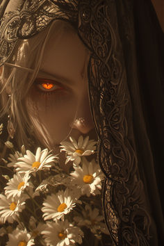 a woman with red eyes is surrounded by daisies