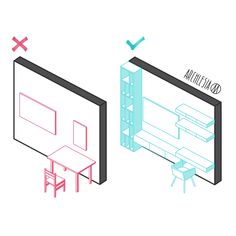 a drawing of a room with two tables and one chair next to a wall mounted tv