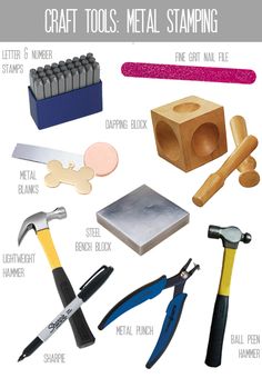 some tools that are on top of a white sheet with words describing them as metal stamping