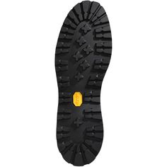 the sole of a pair of black and yellow shoes