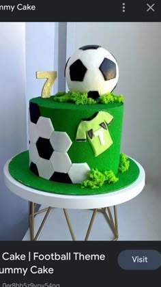 a green and black cake with soccer balls on top is sitting on a white table