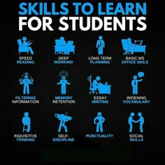 a poster with the words skills to learn for students written in blue on a black background