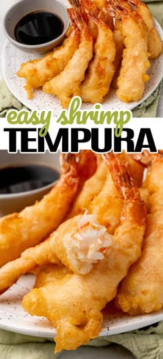 some shrimp sticks are on a plate with dipping sauce in the bowl and another photo is above it