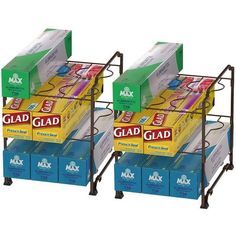 three stacking racks with file folders on each side and labels attached to them