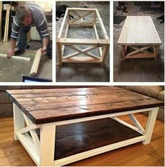 several pictures of coffee tables made from old pallets and wood planks, including one being used as an end table