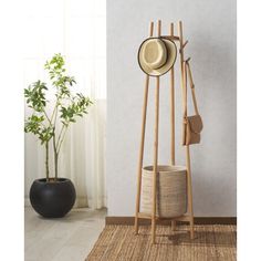 a hat rack with two hats on it next to a potted plant in a room